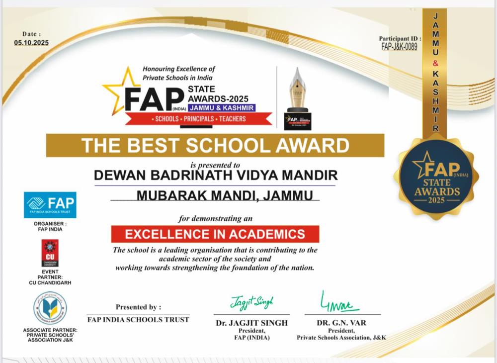 DBN Vidya Mandir has been honoured with the FAP State Award Trophy for its excellence in education and holistic student development"