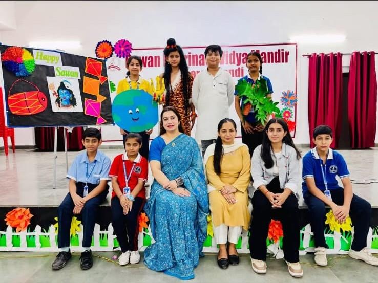 A proud moment with our Grade VII students and the teacher-in-charge after a wonderful Sawan special assembly. 🌧️💚